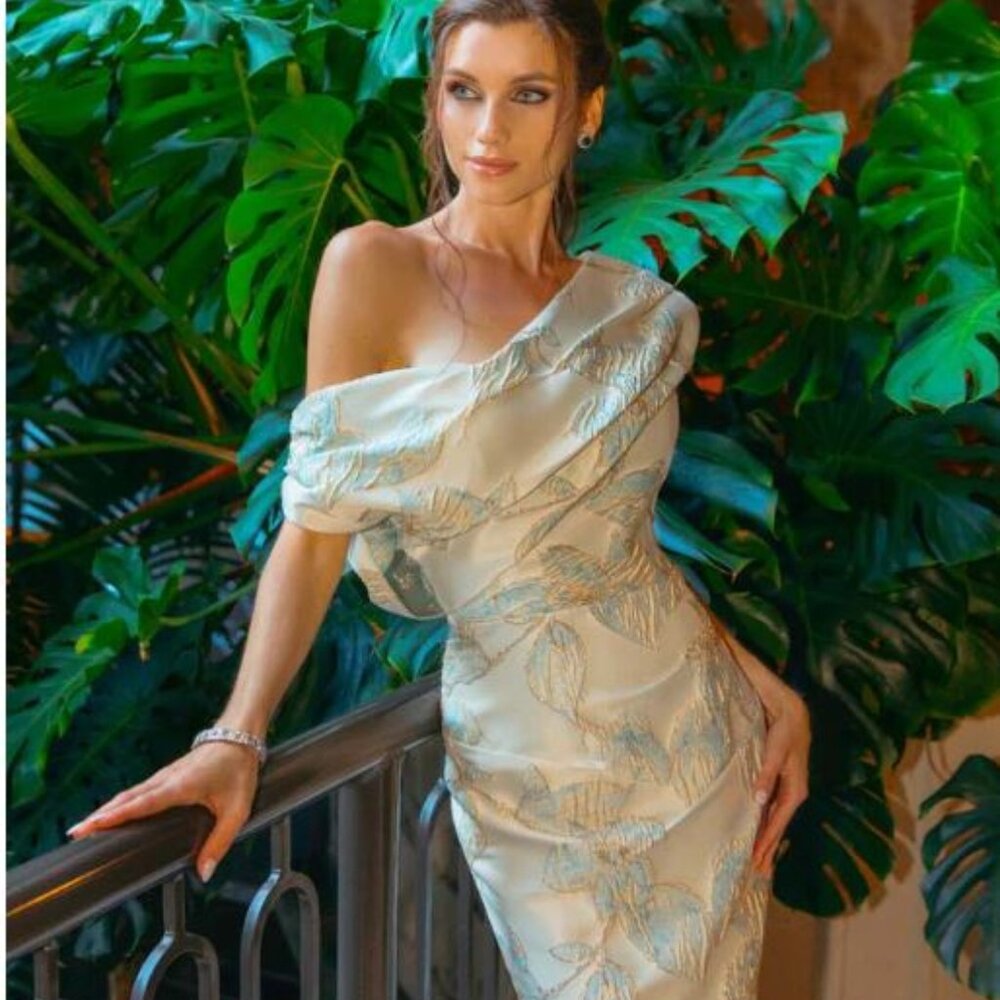 Off-Shoulder Ivory Floral Satin Dress